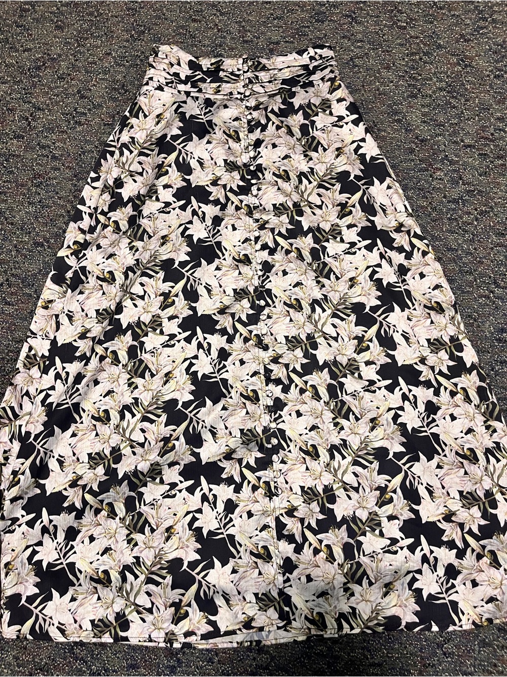 Floral Button-Front Black and Cream Maxi Skirt